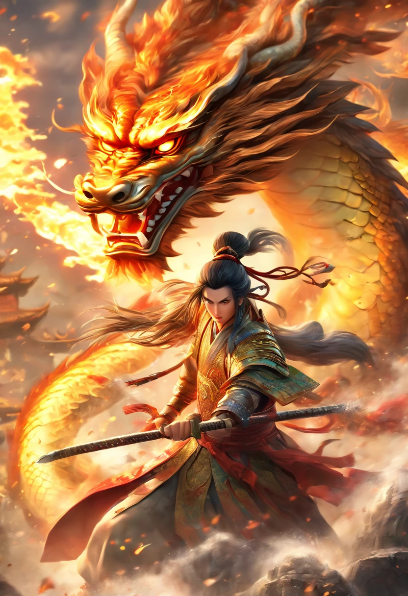 A chinese warrior and a chinese princess fighting a chinese dragon, (best quality,4k,8k,highres,masterpiece:1.2), ultra-detailed, (realistic,photorealistic,photo-realistic:1.37), vivid colors, studio lighting, ancient chinese painting, dynamic action poses, detailed armor and clothing, breathtaking scenery, mystical atmosphere