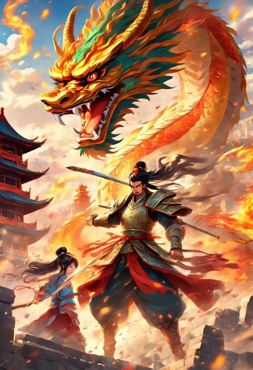 A chinese warrior and a chinese princess fighting a chinese dragon, (best quality,4k,8k,highres,masterpiece:1.2), ultra-detailed, (realistic,photorealistic,photo-realistic:1.37), vivid colors, studio lighting, ancient chinese painting, dynamic action poses, detailed armor and clothing, breathtaking scenery, mystical atmosphere