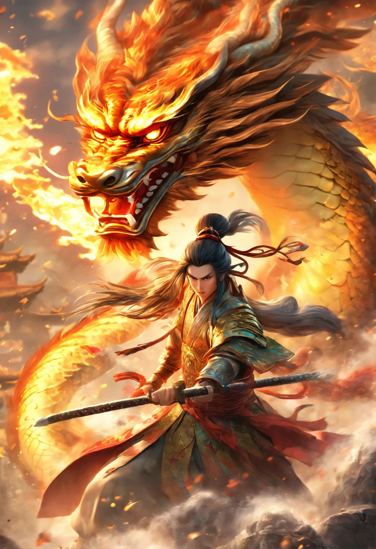 A chinese warrior and a chinese princess fighting a chinese dragon, (best quality,4k,8k,highres,masterpiece:1.2), ultra-detailed, (realistic,photorealistic,photo-realistic:1.37), vivid colors, studio lighting, ancient chinese painting, dynamic action poses, detailed armor and clothing, breathtaking scenery, mystical atmosphere