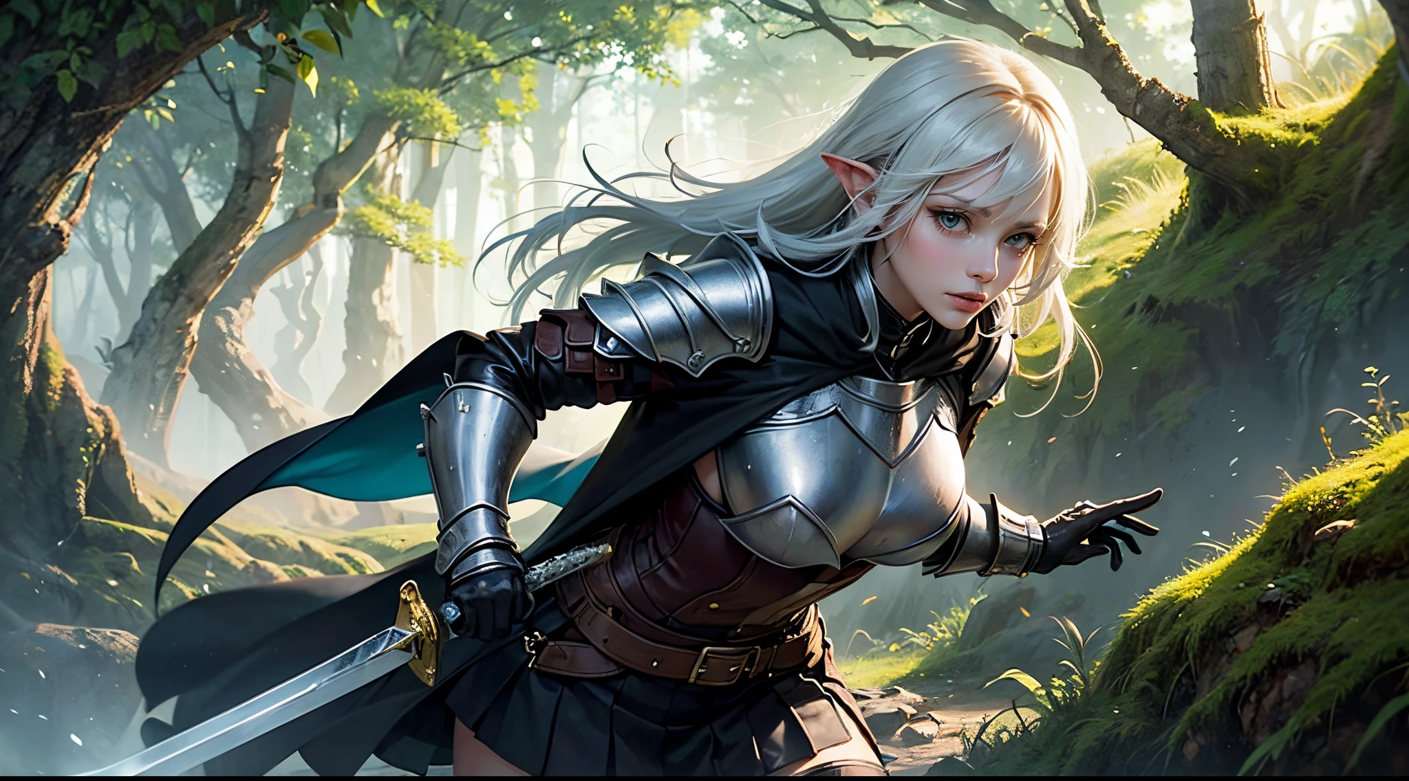 A woman in armor holding a sword in a forest - SeaArt AI