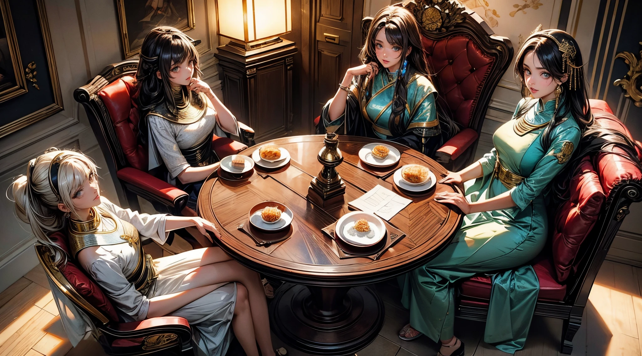 four girls sitting around a round table, hands together, council meeting, eyes at viewer, (1girl sitting on the left side, egyptian heritage), (1girl sitting on the center left, french heritage) (1girl sitting center right, chinese heritage cheongsam) (1girl sitting far right, fur coat aristocratic) ROUND wooden table, council meeting, looking at viewer, as seen from above, pov, shiny eyes, intense gaze,