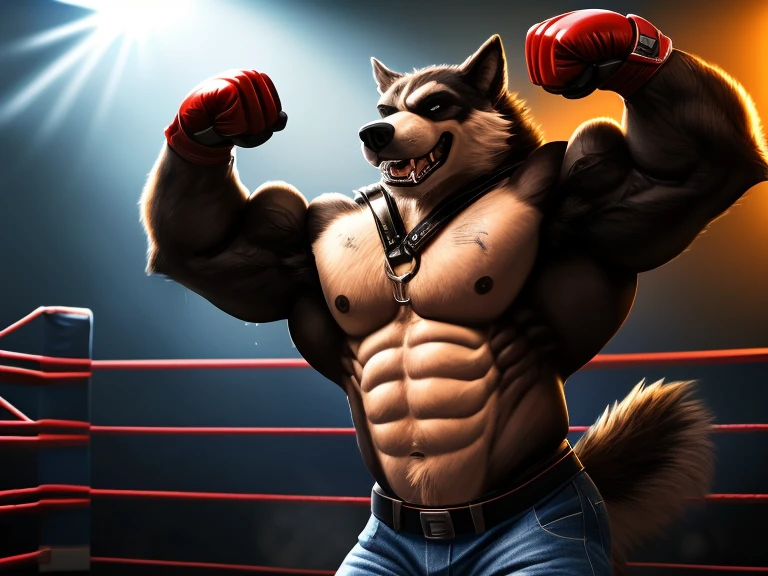 boxing ring, action, two anthro fighters, first fighter (Malamute, Steele, anthro, muscular, intense, leather harness panting, thick chest, bodybuilder, confident, sweaty, bruised, panting), second fighter (rottweiller, anthro, jeans, muscular, thick chest, intense, grinning, bodybuilder, confident, sweaty, bruised), bare torso, correct anatomy, (photorealistic fur, detailed fur, epic, masterpiece:1.2), (detailed gym background),  best quality, highres,  dramatic light,wide dynamic range, hdr, low light