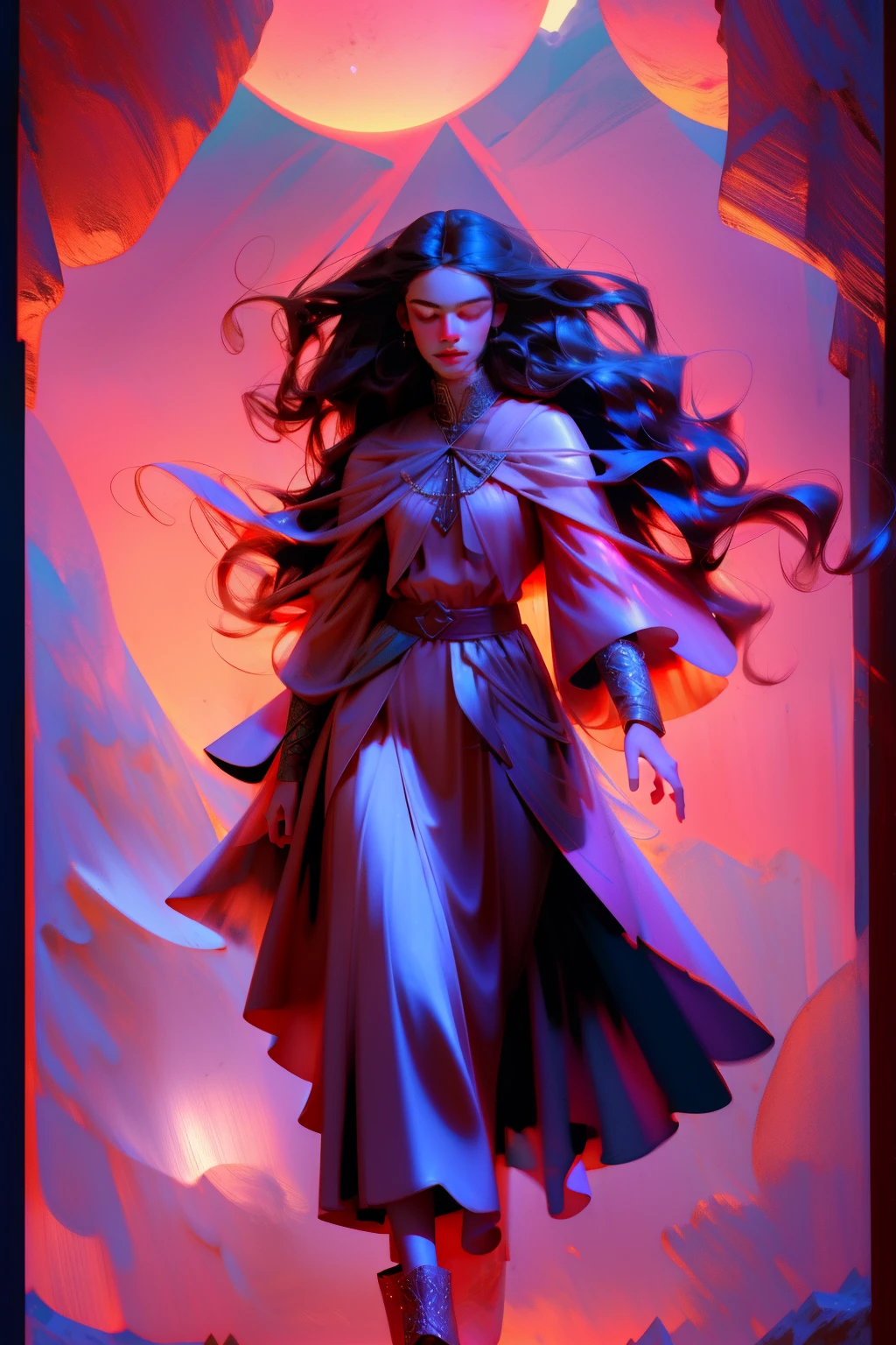 (best quality,4k,8k,highres,masterpiece:1.2),ultra-detailed,(realistic,photorealistic,photo-realistic:1.37),long black hair,flowing,levitating,beautiful detailed hair,witch,rpg style,magical,powerful,illustration,moonlight,spells,cloak,enchanted forest,mystical creatures,glowing eyes,nightfall,moonlit sky,aura,floating crystals,jewel-toned colors,mysterious atmosphere,fantastical elements,storytelling composition,epic fantasy journey,sorcery,adventure,heroine,portrait,character-focused,elaborate costume,mythical,legendary,ancient,ancestral magic,supernatural abilities,dark,ethereal,dramatic lighting,vibrant colors, warm colors
