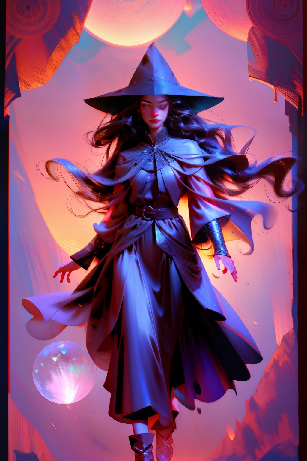 (best quality,4k,8k,highres,masterpiece:1.2),ultra-detailed,(realistic,photorealistic,photo-realistic:1.37),long black hair,flowing,levitating,beautiful detailed hair,witch,rpg style,magical,powerful,illustration,moonlight,spells,cloak,enchanted forest,mystical creatures,glowing eyes,nightfall,moonlit sky,aura,floating crystals,jewel-toned colors,mysterious atmosphere,fantastical elements,storytelling composition,epic fantasy journey,sorcery,adventure,heroine,portrait,character-focused,elaborate costume,mythical,legendary,ancient,ancestral magic,supernatural abilities,dark,ethereal,dramatic lighting,vibrant colors