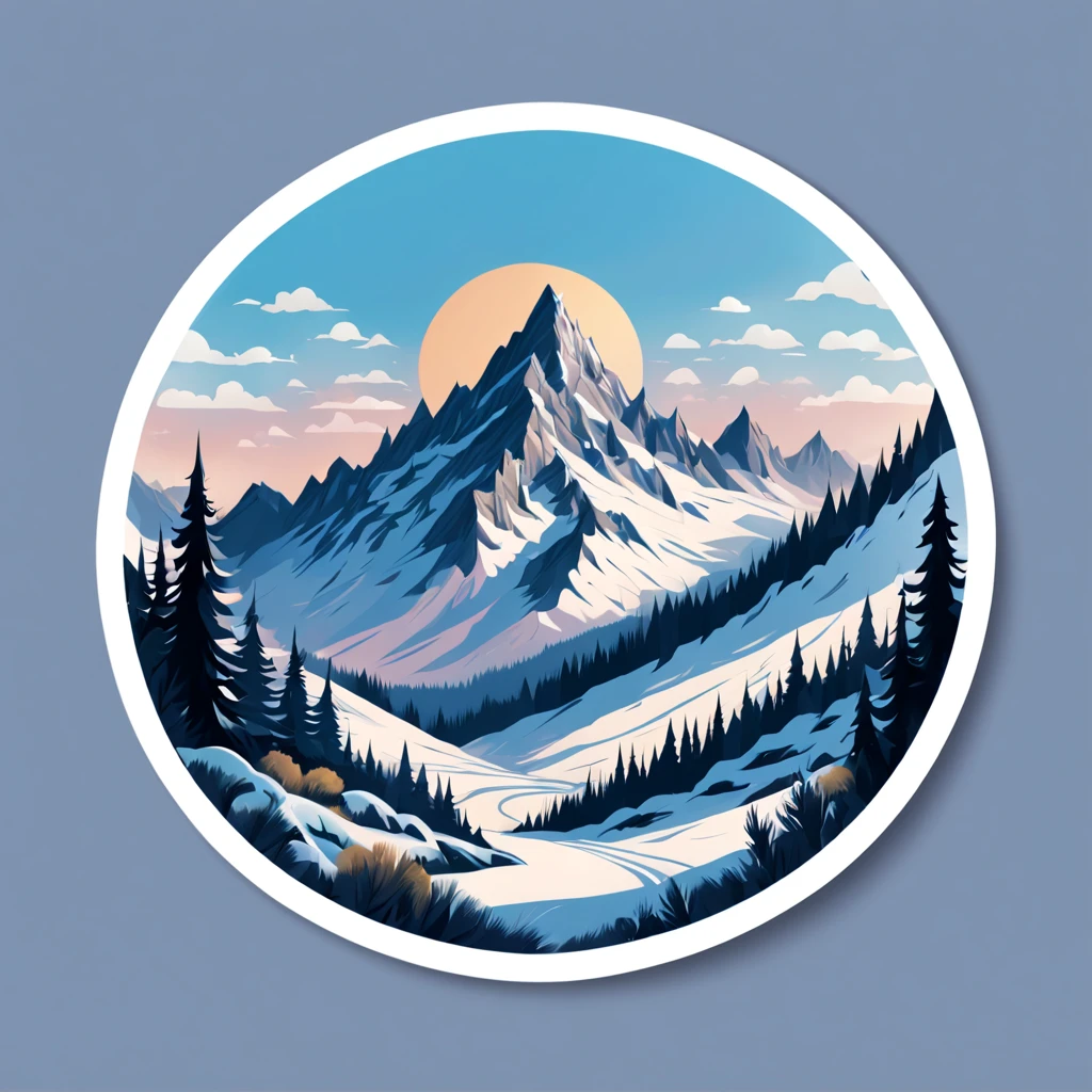 (Sticker),White background,(in circle), winter mountain with  winter sport, ,Simple, Ultra detailed, Detailed drawing, vectorised, Silhouette, 8K, professional sticker design, Flat design, Vector lines, Sticker, Full-HD, pastel monochrome