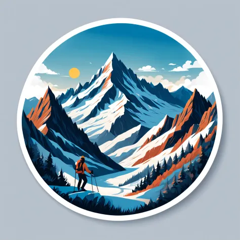 (Sticker),White background,(in circle), winter mountain with sport, ,Simple, Ultra detailed, Detailed drawing, vectorised, Silho...