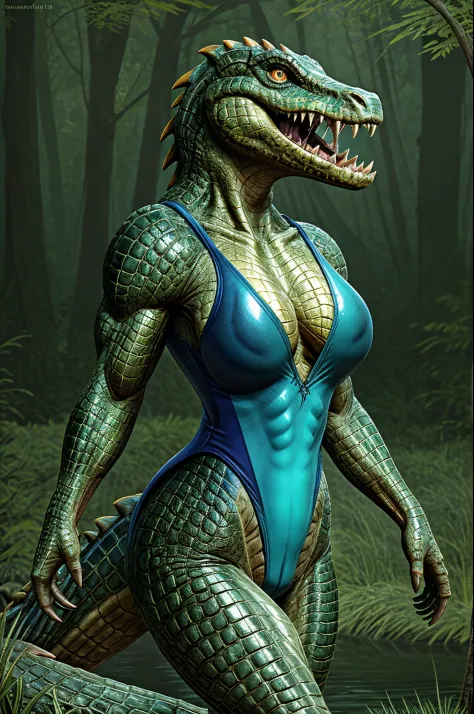 "Create a photorealistic 8K artwork showcasing a solo woman transformed into an anthro crocodile creature. Emphasize high detail and quality for a captivating and realistic portrayal.

The woman should have sharp teeth, reflecting her crocodile transformat...