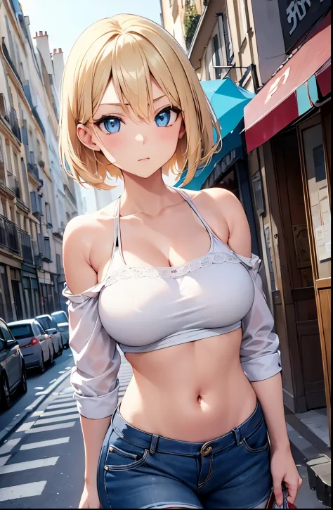 2D Anime Style、Blue eyes、Beautiful shining eyes,breasts are slightly larger、A cool adult woman with short blonde hair and a seri...