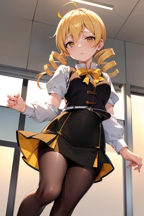 masutepiece, Best Quality, 1girl in, (Mami Tomoe), Blonde hair, Drill Hair, twin drills, (Yellow eyes:1.2), evening, Sunset,、((Photo from directly below))、((pencil skirts))、((Office Suits))、((Blouse))、((Black miniskirt))、((pantyhose))、((high-heels))、((vest...