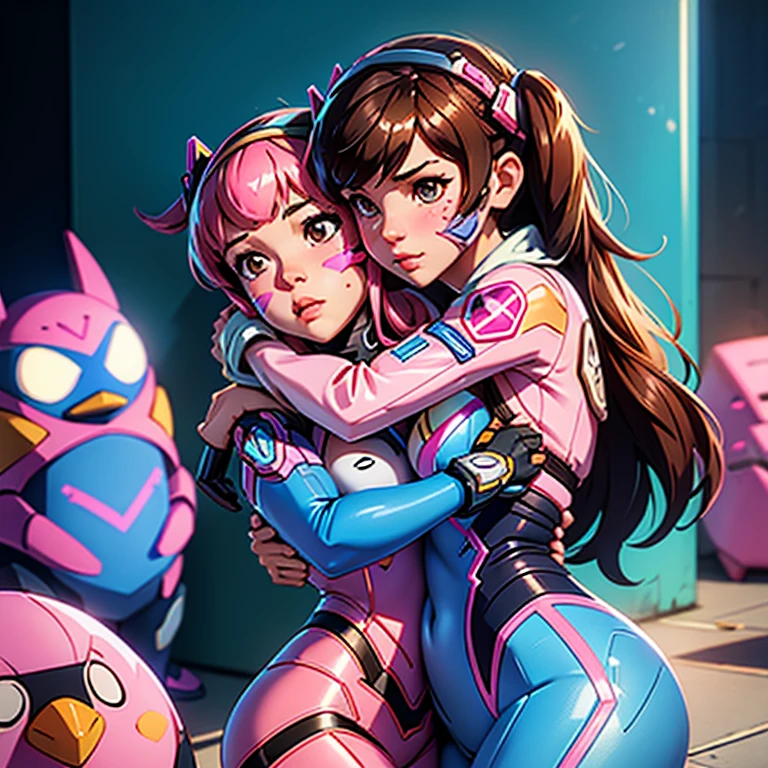 D.va (Overwatch) , Adult woman, Overwatch Character , hugging a stuffed penguin, blue bodysuit, pilot suit, MEKA Pattern, Pink Facial marks (D.va overwatch) ,  somewhere in nature, outside