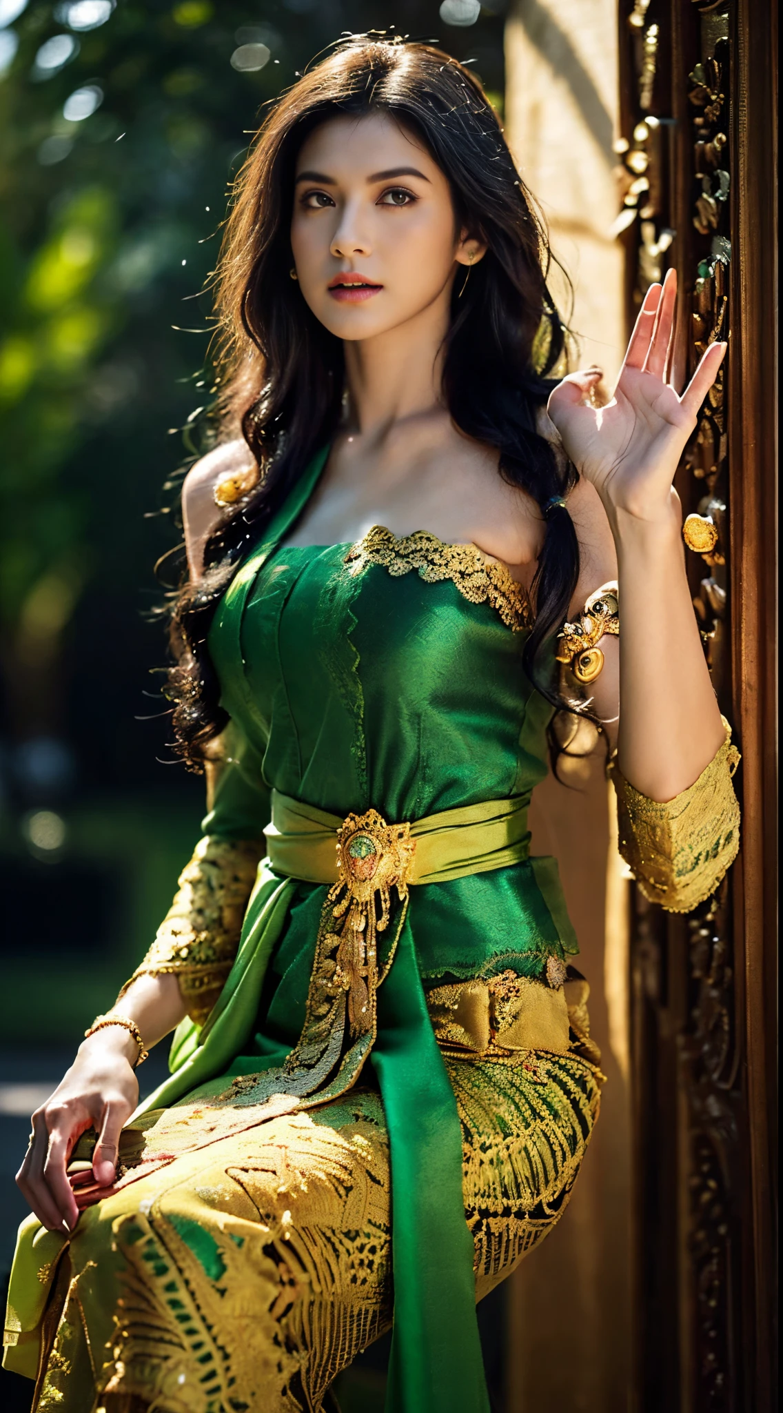 Photorealistic Production, (One Person), (Realistic Image of a 25 Years Old British Female Model), (Shoulder-level Wavy Black Hair:1.6), (Athletic Body Builds:1.4), (Pale Skin:1.4), (Wearing a Green Ornated Kebaya Dress with Silk Cloth and Golden Jeweleries:1.6), (Serious Face), (Deep Cleavage), (Elegant Pose:1.6), Centered, (Waist-up Shot:1.4), From Front Shot, Insane Details, Intricate Face Detail, Intricate Hand Details, Cinematic Shot and Lighting, Realistic Colors, Masterpiece, Sharp Focus, Ultra Detailed, Taken with DSLR camera, Realistic Photography, Depth of Field, Incredibly Realistic Environment and Scene, Master Composition and Cinematography,castlevania style