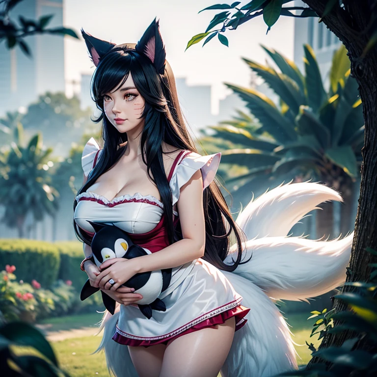 Ahri hugs a stuffed penguin ,LoL, League of legends ,Adult woman, Fox tails, Fox ears, Dark Hair, Pale skin tone, maid hat, maid apron, blushing, somewhere in nature, outside