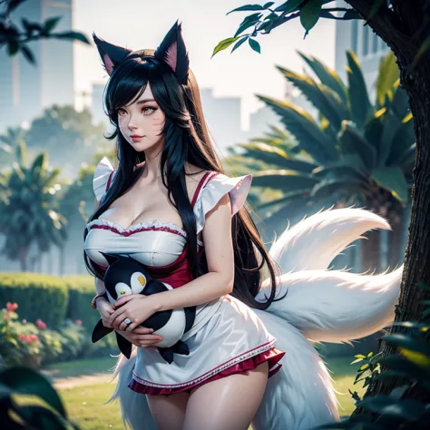 Ahri hugs a stuffed penguin ,LoL, League of legends ,Adult woman, Fox tails, Fox ears, Dark Hair, Pale skin tone, maid hat, maid...