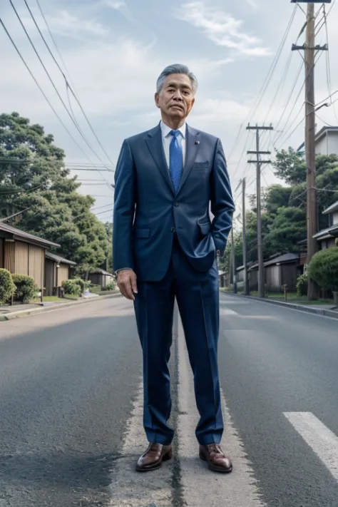 a man in his 50s in a suit standing alone on a road in a residential area、jpn、utility pole、((top-quality、in 8k、​masterpiece:1.3)...