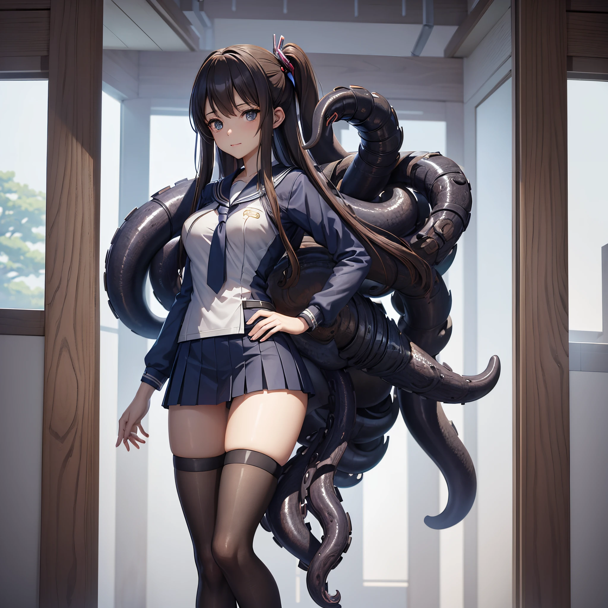 Anime girl in a school uniform posing in a room with a giant octopus -  SeaArt AI