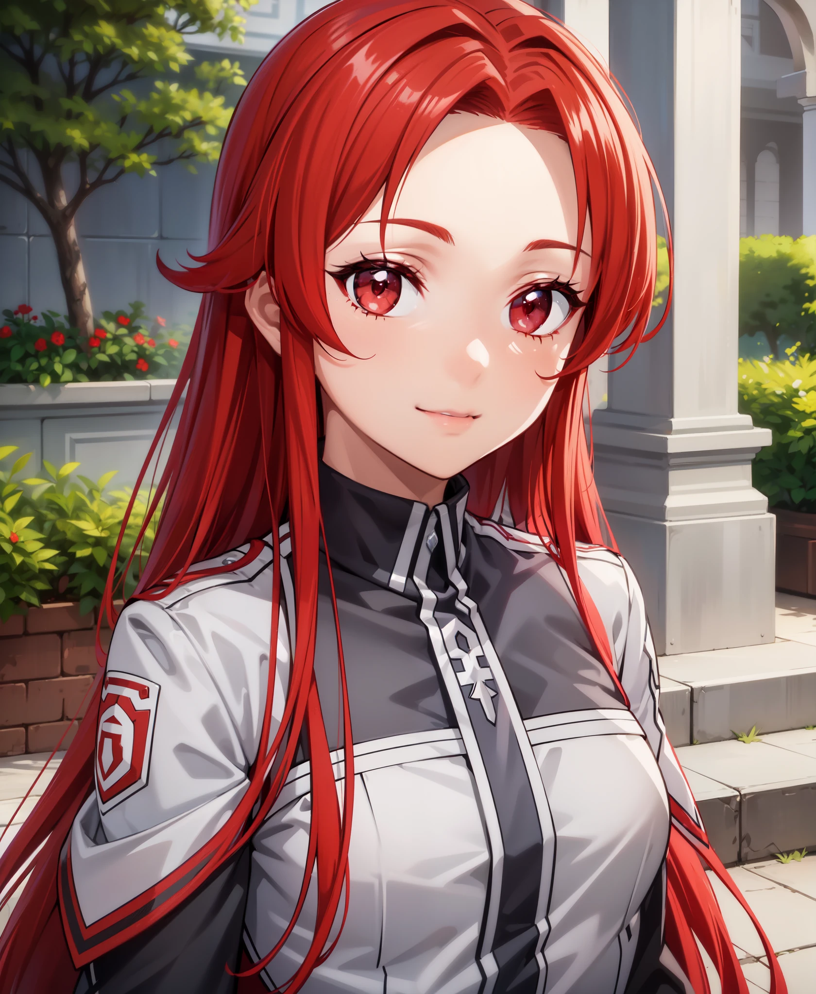 Tiese_Shtolienen, smile, (alluring, exciting, gorgeous), (highly detailed, high quality:1.3),, red hair, colored hair, red eyes, ((gray) clothes), portrait