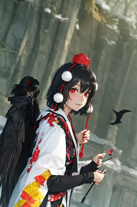 shameimaru aya,cawing ravens，tengu，black wings，komono，shrine maiden