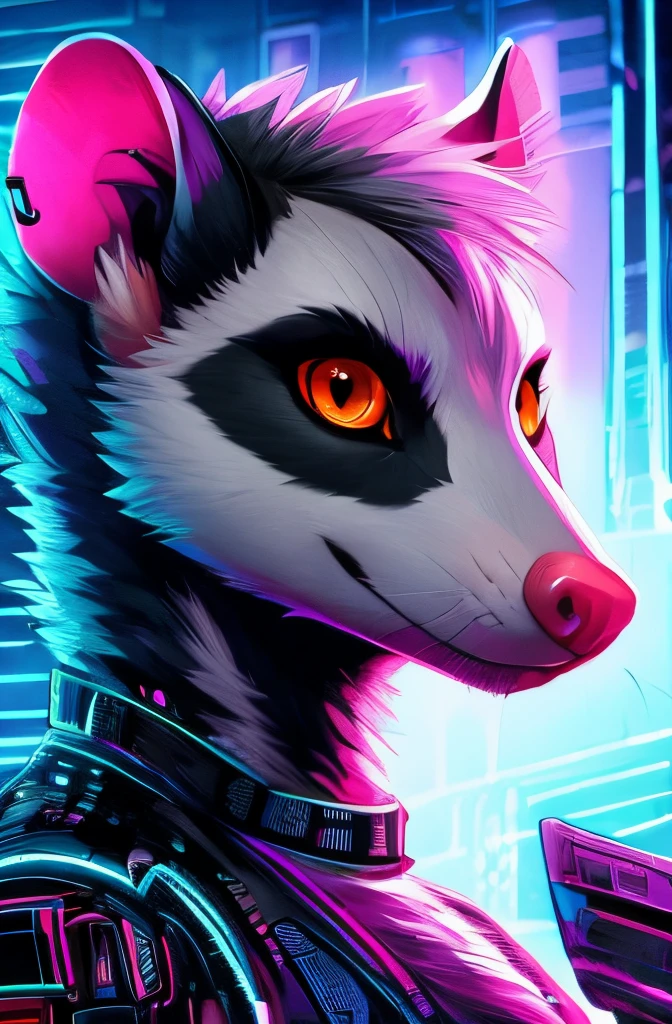 an anthropomorphic female opossum of the species didelphis albiventris with orange eyes, Cyberpunk, fofa, perfil, expression serious