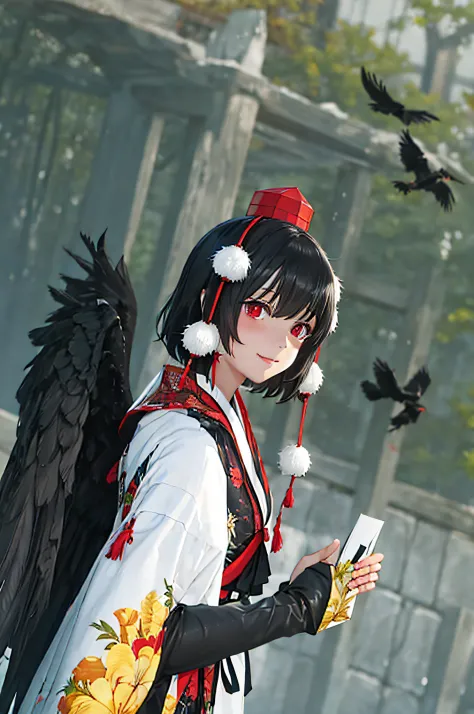 shamemaru aya,crow crows，tengu，black wings，common，a girl at a shrine