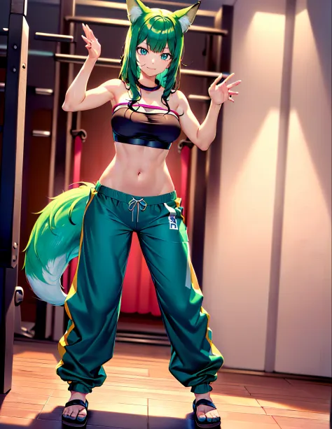 (best quality, 4k, 8k, highres, masterpiece:1.2), ultra-detailed, (((fox girl))), ((jade hair)), ((full body)), ((perfect body)), (((standing pose))), (((very baggy and long harem dancer pants))), ((perfect pants)), ((detailed pants)), ((strapless gym top)...