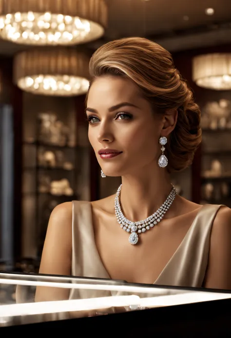 Create a photorealistic image of a glamorous woman adorned with luxurious diamond jewelry, seated in the upscale ambiance of a h...