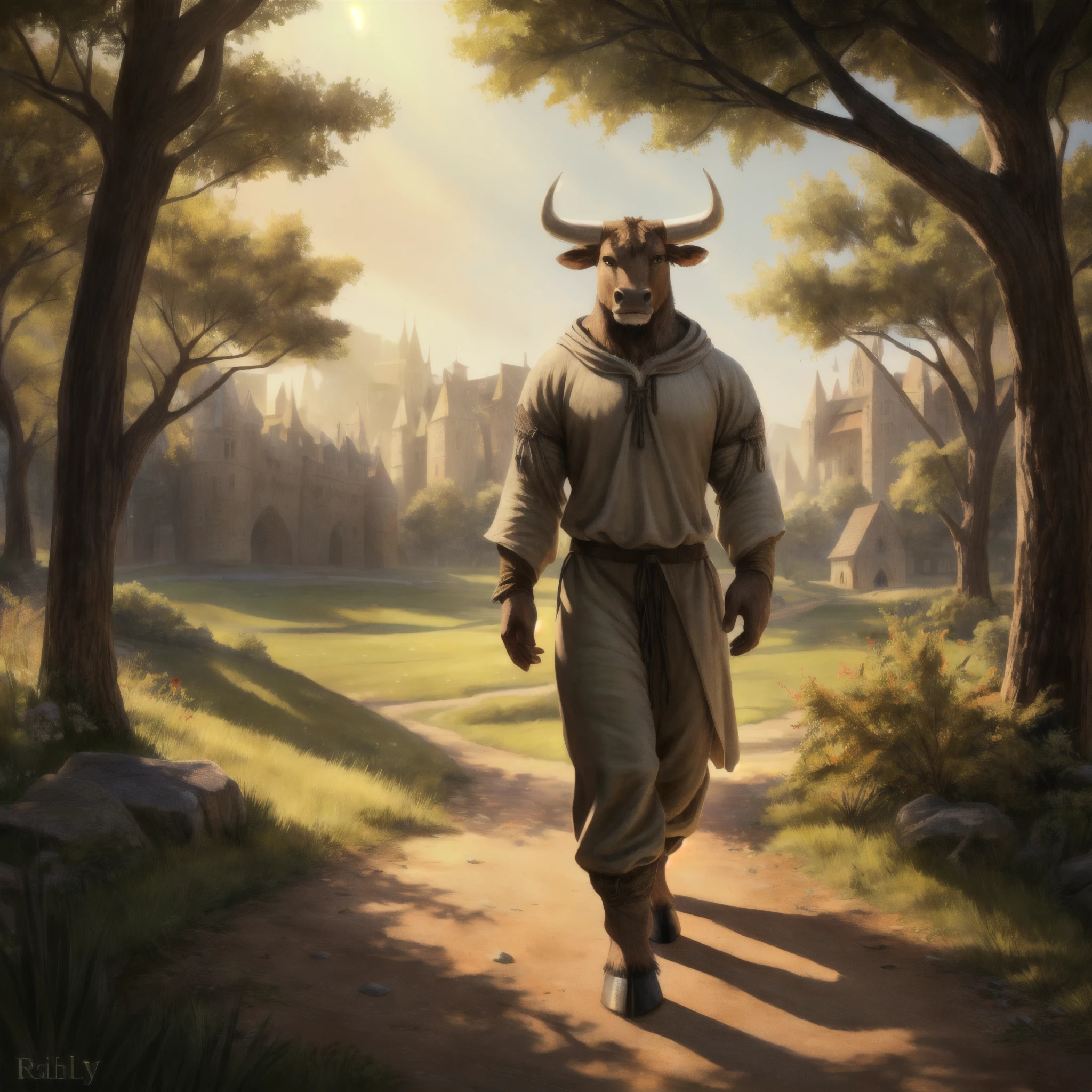 an anthro bull walking along a dirt road during the day, ((nj5furry, solo, walking, masterpiece, anthro, male, bull-face, medium-length horns, tan colored horns: 1.5, bovine tail: 1.2, muscled body, hooves, tan colored hooves: 1.2, two-tone fur, detailed fur, brown and white furred body, small leather satchel)), calm expression, (green eyes, (loose medieval tan drawstring pants: 1.4, loose medieval shirt: 1.4)), grasslands background, small village background, large tree background, (animals: 0.0, people: 0.0), best quality,4k,8k,highres,masterpiece:1.2), ultra-detailed,(realistic,photorealistic,photo-realistic:1.37),drawn with colored pencils, richly detailed, traditional style landscapes, scenic beauty, green grass, beautifully detailed trees, fine textures, soft and vibrant colors, sunlit atmosphere, tranquil and peaceful ambiance, impressionistic brush strokes, focus on foreground and background, depth and perspective, ethereal lighting effects, close-up camera angle