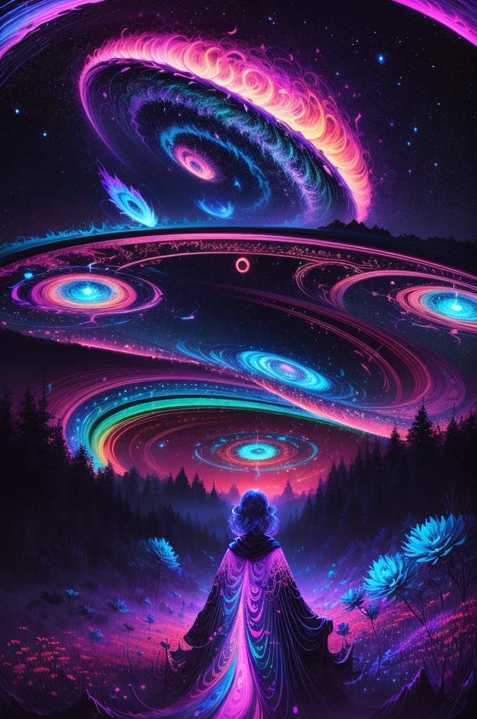 （Girl stands in front of swirl of colorful black light: 1.5），((neon starlight， around flowers，The truth， expecting， depth of fields， insight， Got it， Monte， The Milky Way is lush, translucent cloud， spectrum， in a panoramic view， Interstellar cycles， loopy， Web portals， bigger， rays of black light， Global blacklight UV，The sky is covered with beautiful blacklight UV))，Vibrant blacklight colors，thickline，swell sea，Multi-layered，foreground、Faraway view、fractal thunder dan mumford，Damford and Alex Gray Styles，psychedelic surreal art，Surrealist psychedelic design，dream art style，Illusion psychedelic art，Infinite psychedelic waves，inspired by Cyril Rolando (Cyril Rolando)，Real corrugated structure，Psychedelic art style，trippy art，psychedelic illustrations, （black light art painting: 1.8）（blacklight UV: 1.5），(solo)，blacklight