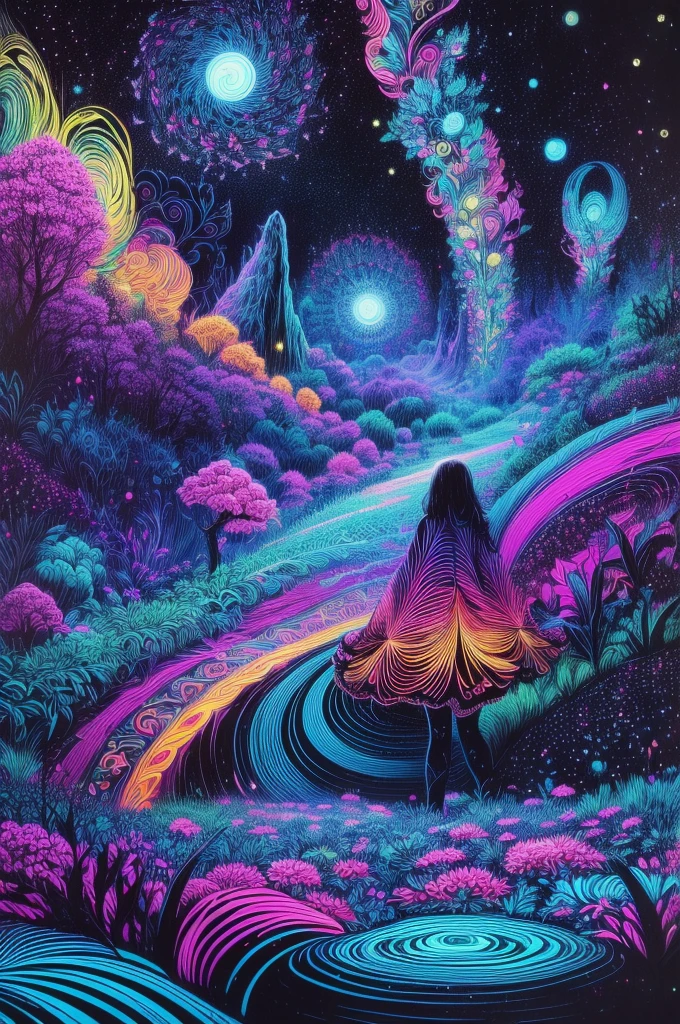 （Girl stands in front of swirl of colorful black light: 1.5），((neon starlight， around flowers，The truth， expecting， depth of fields， insight， Got it， Monte， The Milky Way is lush, translucent cloud， spectrum， in a panoramic view， Interstellar cycles， loopy， Web portals， bigger， rays of black light， Global blacklight UV，The sky is covered with beautiful blacklight UV))，Vibrant blacklight colors，thickline，swell sea，Multi-layered，foreground、Faraway view、fractal thunder dan mumford，Damford and Alex Gray Styles，psychedelic surreal art，Surrealist psychedelic design，dream art style，Illusion psychedelic art，Infinite psychedelic waves，inspired by Cyril Rolando (Cyril Rolando)，Real corrugated structure，Psychedelic art style，trippy art，psychedelic illustrations, （black light art painting: 1.8）（blacklight UV: 1.5），(solo)，blacklight