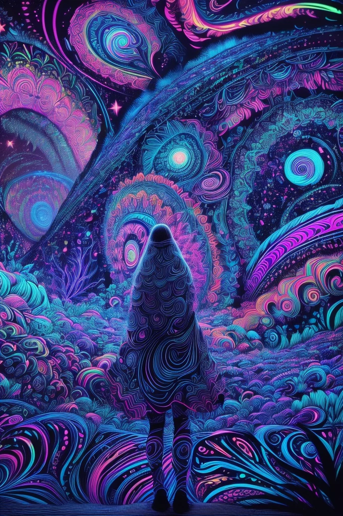 （Girl stands in front of swirl of colorful black light: 1.5），((neon starlight， around flowers，The truth， expecting， depth of fields， insight， Got it， Monte， The Milky Way is lush, translucent cloud， spectrum， in a panoramic view， Interstellar cycles， loopy， Web portals， bigger， rays of black light， Global blacklight UV，The sky is covered with beautiful blacklight UV))，Vibrant blacklight colors，thickline，swell sea，Multi-layered，foreground、Faraway view、fractal thunder dan mumford，Damford and Alex Gray Styles，psychedelic surreal art，Surrealist psychedelic design，dream art style，Illusion psychedelic art，Infinite psychedelic waves，inspired by Cyril Rolando (Cyril Rolando)，Real corrugated structure，Psychedelic art style，trippy art，psychedelic illustrations, （black light art painting: 1.8）（blacklight UV: 1.5），(solo)，blacklight