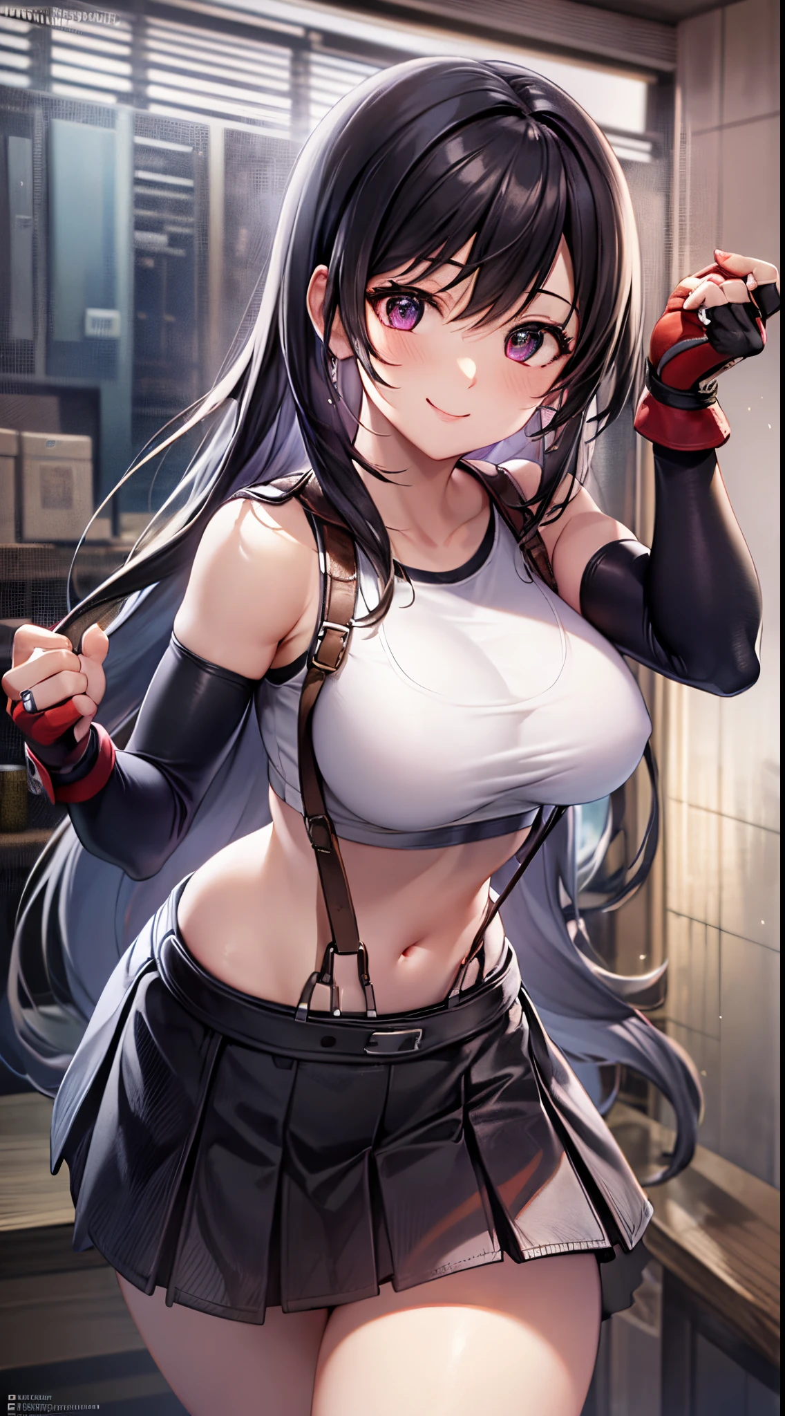 best quality, ultra-detailed, high resolution, extremely detailed CG, unity 8k wallpaper, super detailed skin, detailed, dynamic lighting, beautiful detailed eyes, defTifa, white crop top, elbow pad, fingerless gloves, suspenders, very short pleated miniskirt, red boots, bar counter, showing panties, dynamic angle, dynamic pose, smile,