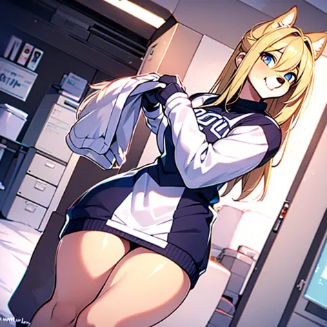 Sole female, husky, dog girl, ice hockey gear, ice hockey uniform, blonde hair, blue eyes, locker room