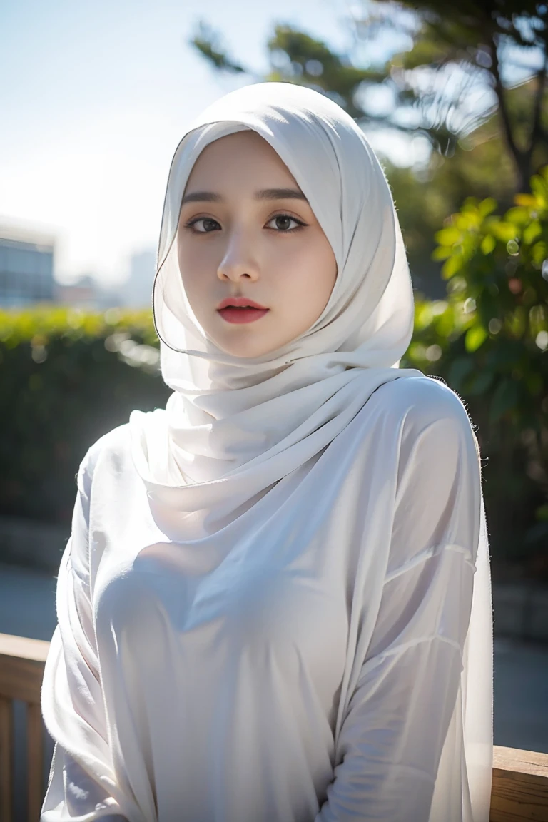 (Best quality, masterpiece) ,(nikon RAW photo, 8 k, Fujifilm) , 1girl, mature female, (hijab, white hijab:1.2) , casual outfit, medium breast, professional lighting, dramatic lighting, medium close shot, (serious expression), emotionless, looking to viewer, outdoor, depth of field,