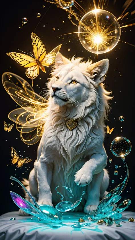 splash art,  luminism, fantasy acrylic, digital painting , a  close up little  cute  magic chibi   fantasy white color lion dog ...