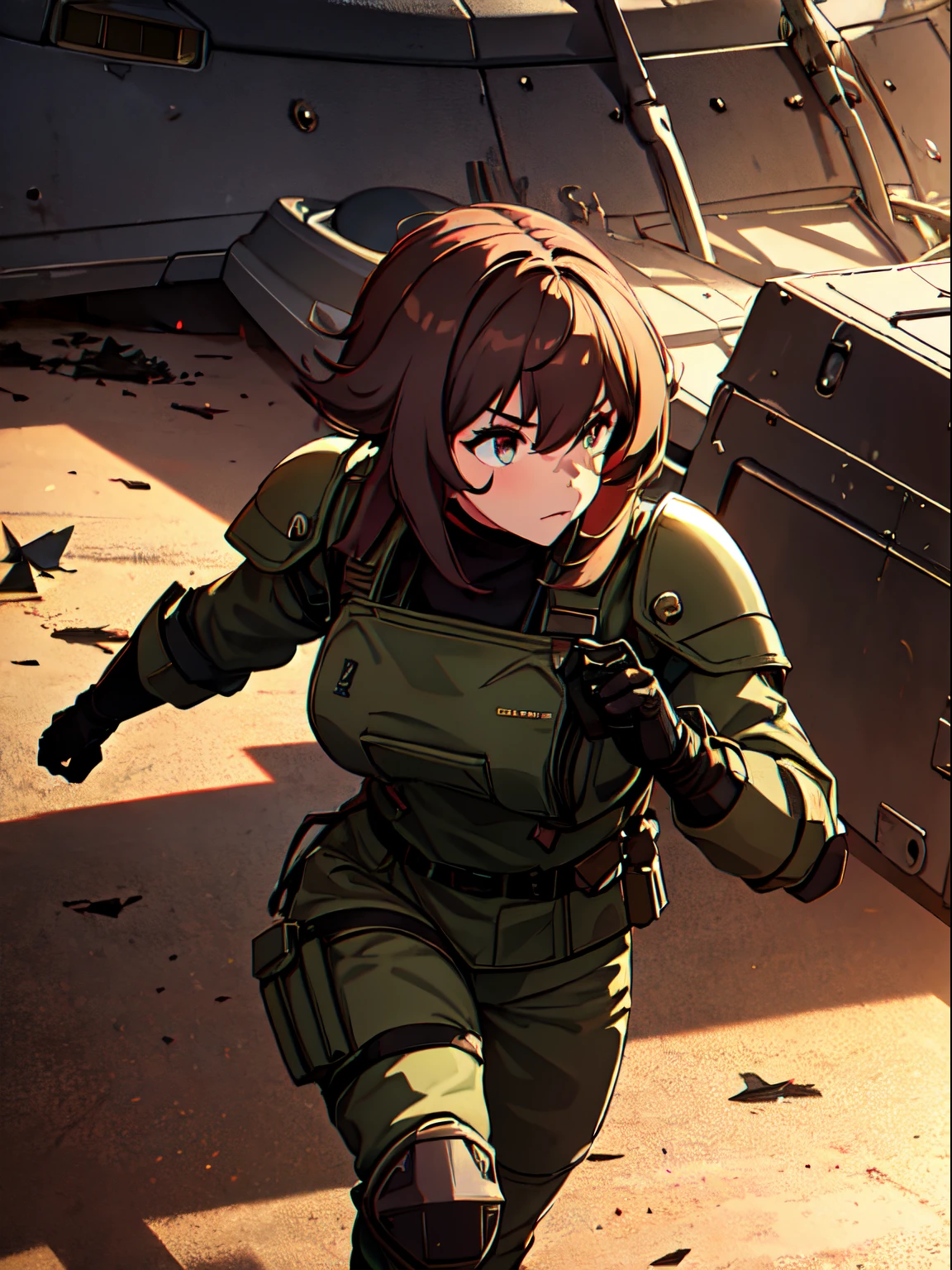 (a) girl soldier in the war, battle-ready, fierce determination, equipped with modern weaponry, military camouflage uniform, armored vest, combat boots, helmet, goggles, tactical gloves, rifle slung over her shoulder, military dog tags, radio communicator, bulletproof vest, utility belt, knee and elbow pads

(b) Illustration, realistic, high-res, ultra-detailed, professional artwork, fine brush strokes, intricate details, vibrant colors, dynamic composition, dramatic lighting, shadows, realistic facial features, lifelike eyes, intense expression, determined gaze, detailed hair, wind-blown effect

(c) War-torn landscape, destroyed cityscape, remnants of buildings, smoke-filled sky, rubble and debris, broken glass, shattered walls, burning vehicles, explosions in the background, warzone ambiance, flying bullet tracers, flying debris, dust clouds, sparks

(d) Action scene, running forward, battle-ready pose, gun pointing forward, weapon in hand, confident strides, dirt and dust flying, dynamic movement, adrenaline pumping, intensity, focus, determination

(e) Emotional context, resilience, bravery, heroism, sacrifice, dedication, courage under fire, women empowerment, fighting for a cause, sisterhood, camaraderie, unity, strength, victory

(f) War-themed artwork, military concept art, gritty realism, war movie stills, war documentary photography, war journalism, war hero illustrations, war propaganda imagery, war memorabilia, war history, war paintings, military-themed exhibitions

(g) Color palette, muted and earthy tones, camouflage colors, olive green, khaki, brown, dark gray, black, pops of vibrant red or orange for explosions and muzzle flashes, dynamic lighting with strong highlights and deep shadows

(h) Lighting, dramatic and dynamic lighting, harsh sunlight or artificial light sources, long shadows, backlit scenes, chiaroscuro, glimmering reflections on armor and weapons, illuminated dust particles, atmospheric lighting effects

(i) Additional details, military insignias, badges, patches, distressed textures, dirt and sweat stains on the soldier's uniform, battle scars, smoke grenades, muzzle flashes, fallen comrades, destroyed tanks or helicopters in the background

(j) Composition, centered or off-centered composition, diagonal lines for dynamic energy, rule of thirds, close-up or medium shot focusing on the soldier, incorporating elements of the war-torn landscape in the background to create depth and context

(k) Atmosphere, tense and oppressive atmosphere, sense of danger and urgency, evoking the chaos and brutality of war, illustrating the soldier's resilience and determination amidst destruction and chaos

(l) Narration, capturing a pivotal moment in the soldier's journey, the strength and bravery required to overcome adversity, the impact and consequences of war, the human spirit's ability to persevere amidst unimaginable circumstances