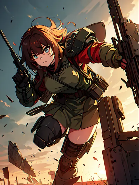 (a) girl soldier in the war, battle-ready, fierce determination, equipped with modern weaponry, military camouflage uniform, arm...