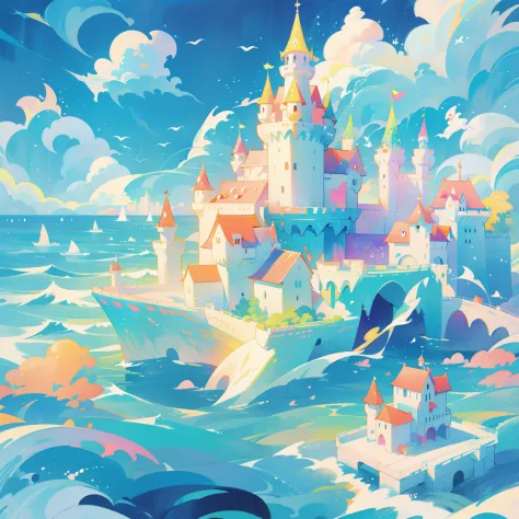 picture book illustration, watercolor storybook illustration, ((seaside castle)), (ocean beach), ((fantasy castle)), fairytale t...