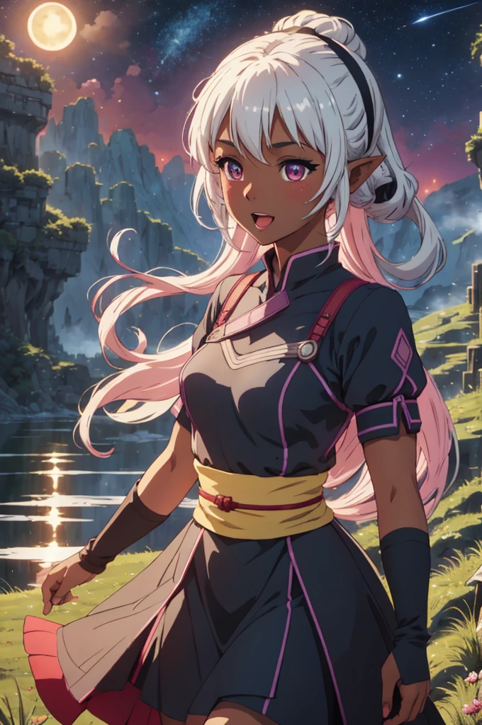 cinematic lighting, masterpiece, cowboy shot, blush, cute, eyelashes, BREAK nisei, 1girl, smile, open mouth, happy, fingerless gloves, (dark-skinned female:1.2), dark elf, hairband, short sleeves, upper body, sash, red, night, starry sky, park, walking, meadow, mist, mountainous horizons, lake, grass, moon, fireflies,