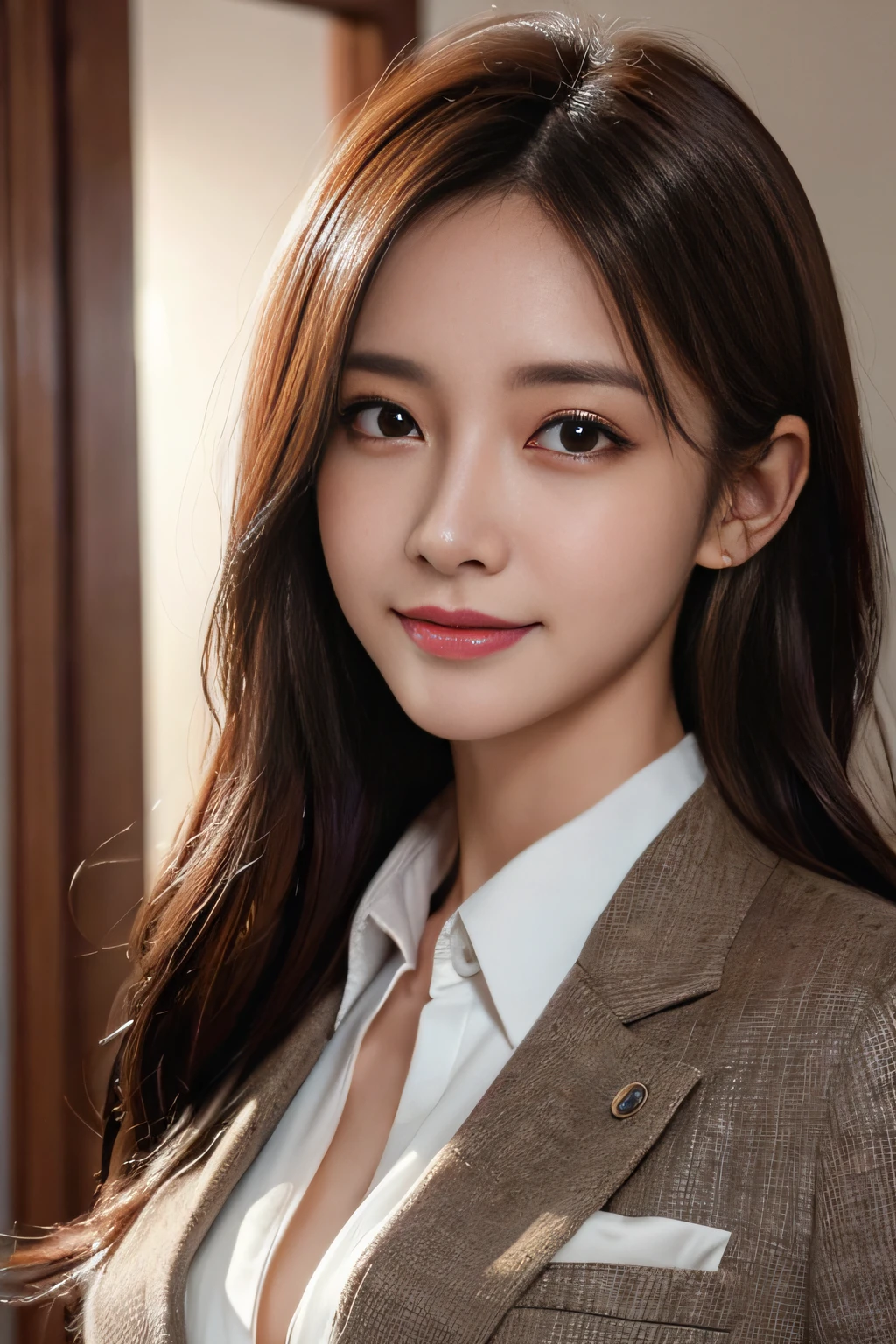 masutepiece, Best Quality, Photorealistic, Ultra-detailed, finely detail, High resolution, 8K Wallpaper, 1 beautiful woman,, light brown messy hair, in a business suit, foco nítido, Perfect dynamic composition, Beautiful detailed eyes, detailed hairs, Detailed realistic skin texture, Smiling, Close-up portrait, Model body type