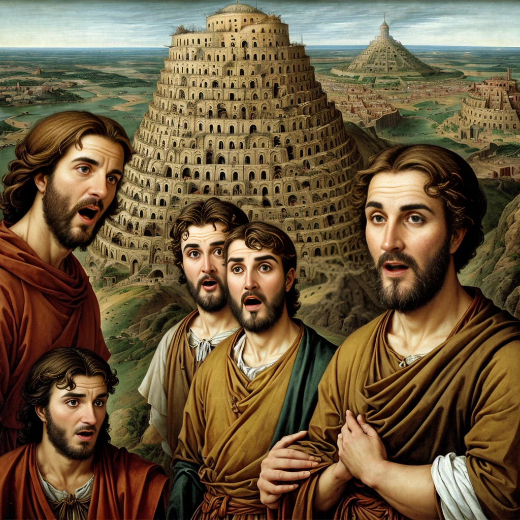 Biblical times. Men with surprised faces. Tower of Babel in the background.