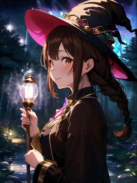 ((black night forest)),(colorful glowing lantern),fluffy hair,((brown haired)),((braided shorthair)),slightly red tide,((brown e...