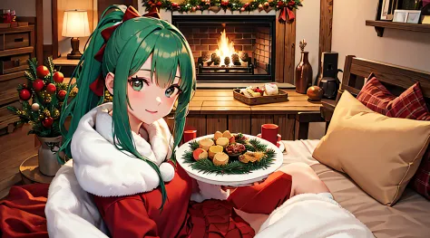 top-quality、​masterpiece、super detail、细致背景、1girl in、with a ponytail、with bangs、eyes are brown、green hair、small tits、santa claus ...