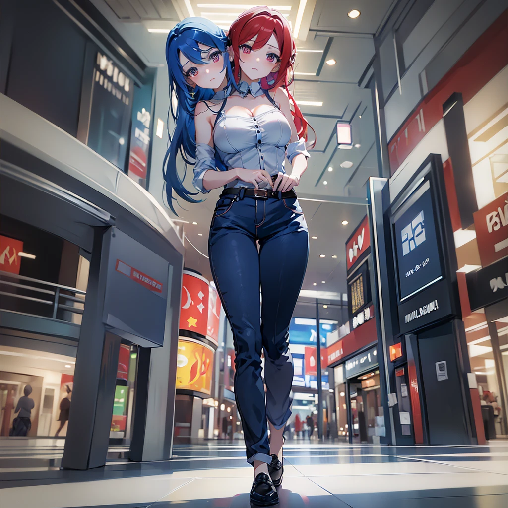 masterpiece, best quality), best resolution, (2heads:1.5), 1girl, blue hair, red hair, different facial expressions, gray outfit, gray pants, sci fi girl, mall background