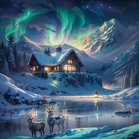 best quality,A high resolution,(master part:1.2),ultra-detalhado,aurora boreal, Montanhas imponentes cobertas de neve, casa de c...