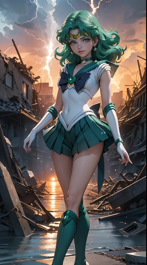 Ultraphotomicrography,1girl, marinero Neptuno, (Uniforme Sailor Senshi:1.4), cabello verde oscuro, cabello mediano, Falda suplic...