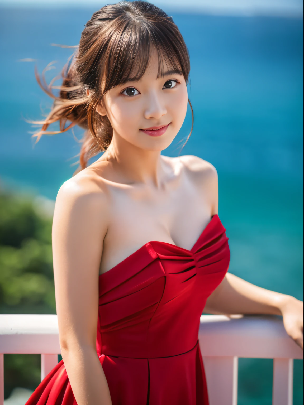 Best Quality, masutepiece, 超A high resolution, (Photorealistic:1.4), Raw photo, 1girl in, off shoulders，In a red dress,Upper body image，Woman with a very beautiful face,With ultra-high definition video,The background image is only the sea，