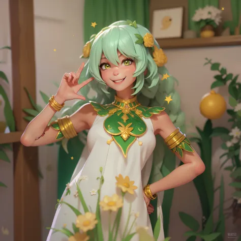 arafed woman in a white dress with green and gold accents, Cartoon, cute, smiley, UWU, happy,catmouth, smug,((smiley face)), uwu...