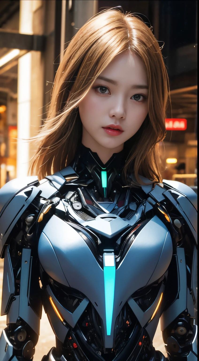 (1 Mechanical Girl)、top-quality、​masterpiece、超A high resolution、(Photorealsitic:1.4)、Raw photo、女の子1人、Golden hair、glowy skin、(((1 Mechanical Girl)))、（LED Lamp Mechanical Helmet）、(Small LED)、((super realistic details))、portlate、globalillumination、Shadow、octan render、8K、ultrasharp、Colossal tits、Raw skin is exposed in cleavage、metals、Details of complex ornaments、Japan details、highly intricate detail、Realistic light、CGSoation Trends、Red Eyes、radiant eyes、Facing the camera、neon details、(Mechanical limbs)、(blood vessels connected to tubes)、Mechanical vertebrae attached to the back、mechanical cervical attaching to neck、(Wires and cables connecting to the head)、Gundam、Small LED、,Mechanical thighs、Toostock、