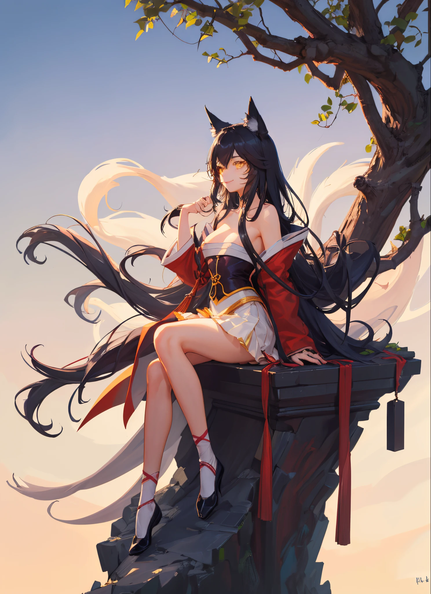 masterpiece,best quality,1girl,yellow eyes,long hair,(Ari),black hair,sitting,small smile,natural,hair accessory,animal ears,bridge,best best quality,1 busty girl,inksahli, Multiple tails, fox tails, Korean clothes, skirts, weaves, will seduce a smile,