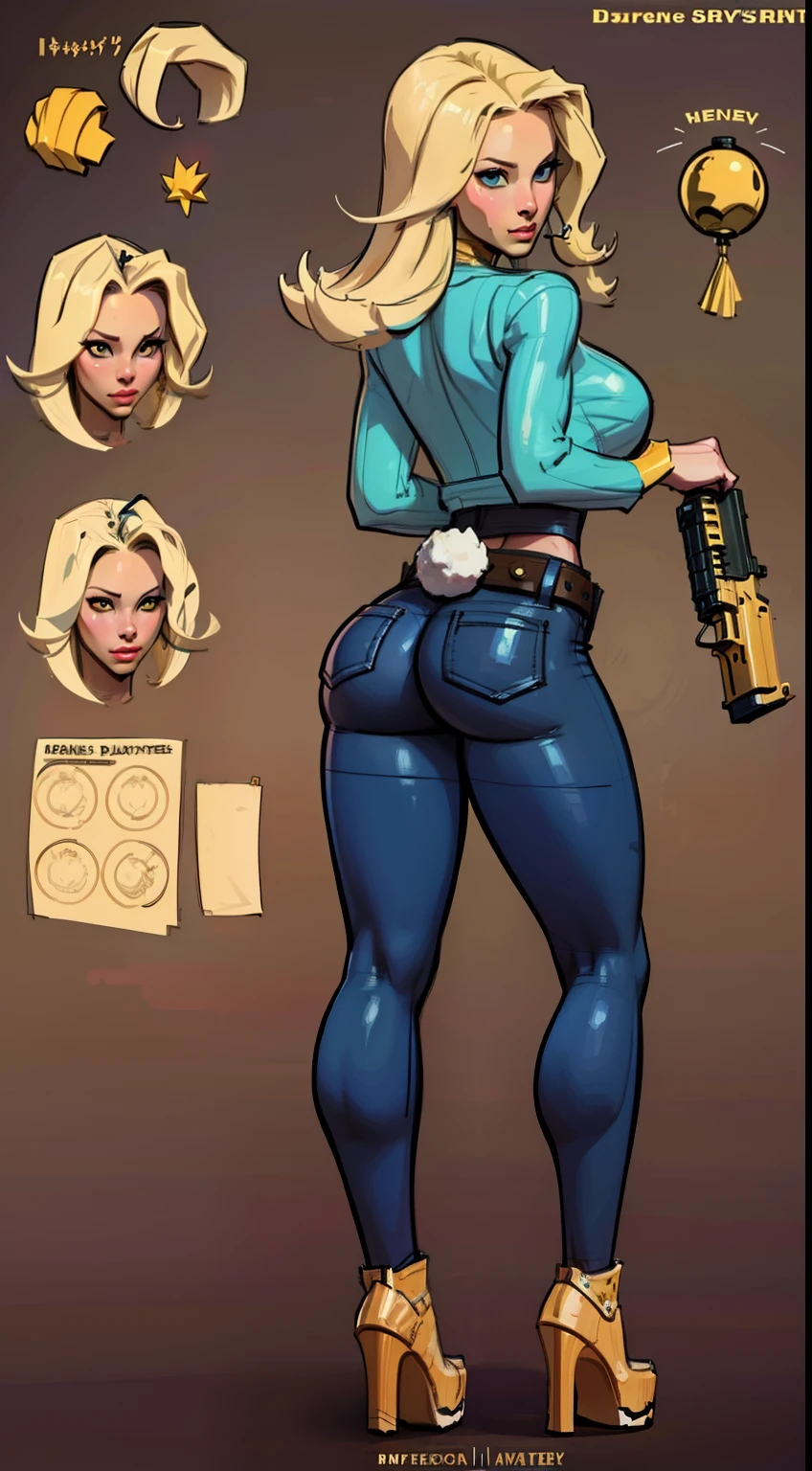 A drawing of a woman in blue jeans and heels with a gun - SeaArt AI