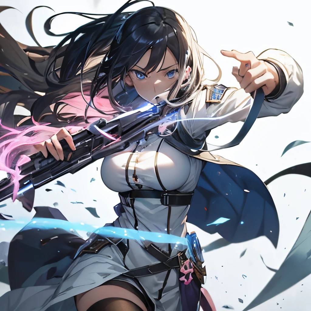 (masutepiece:1.2, Best Quality), 1 girl in, Blue eyes, jet-black hair, Pink inner hair, blue military uniform,(Gray white background),Full body,Big Breast,Sword,